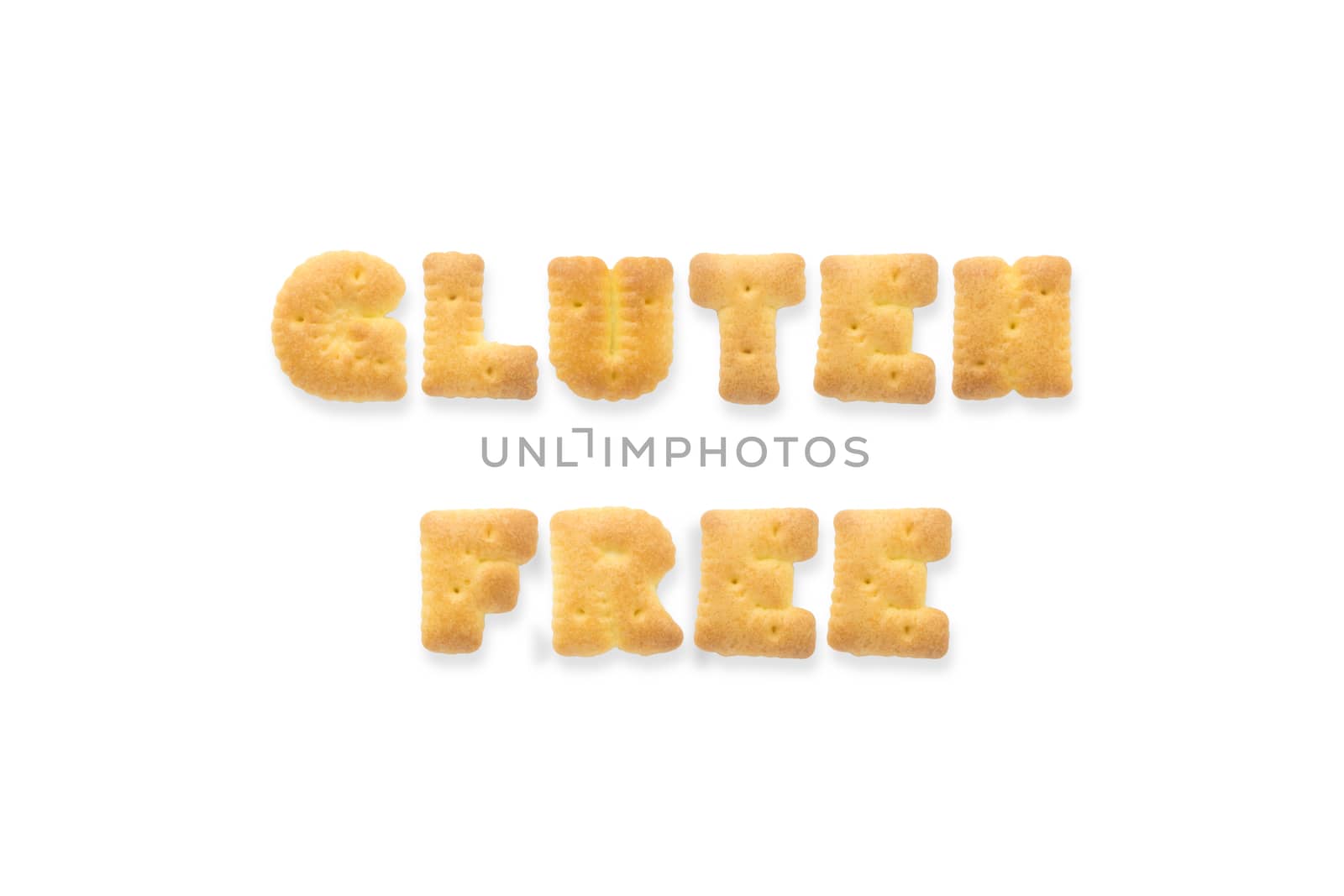 Collage of the capital letters word GLUTEN FREE. Alphabet cookie biscuits isolated on white background