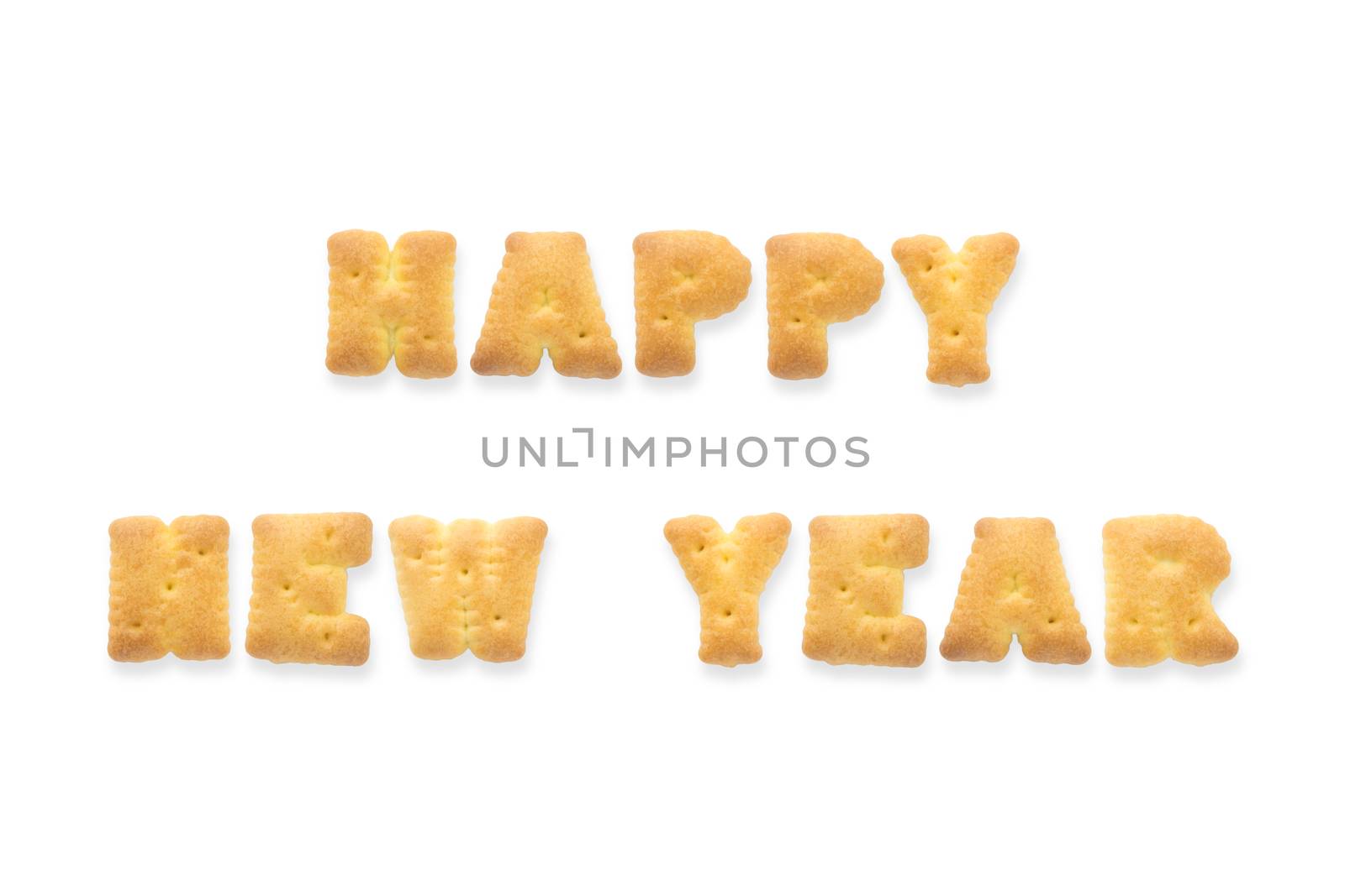 Collage of the character word HAPPY NEW YEAR. Alphabet cookie cracker isolated on white background