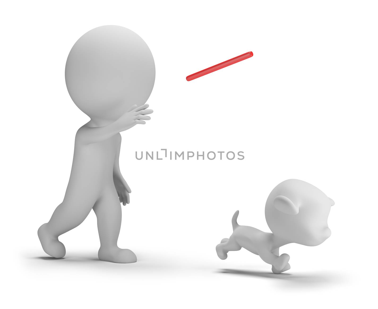 3d small person playing with the dog. 3d image. Isolated white background.