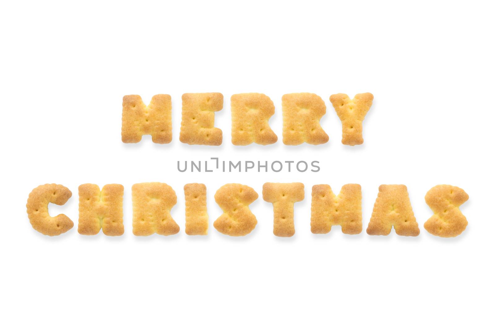 Collage of the character word MERRY CHRISTMAS. Alphabet cookie cracker isolated on white background