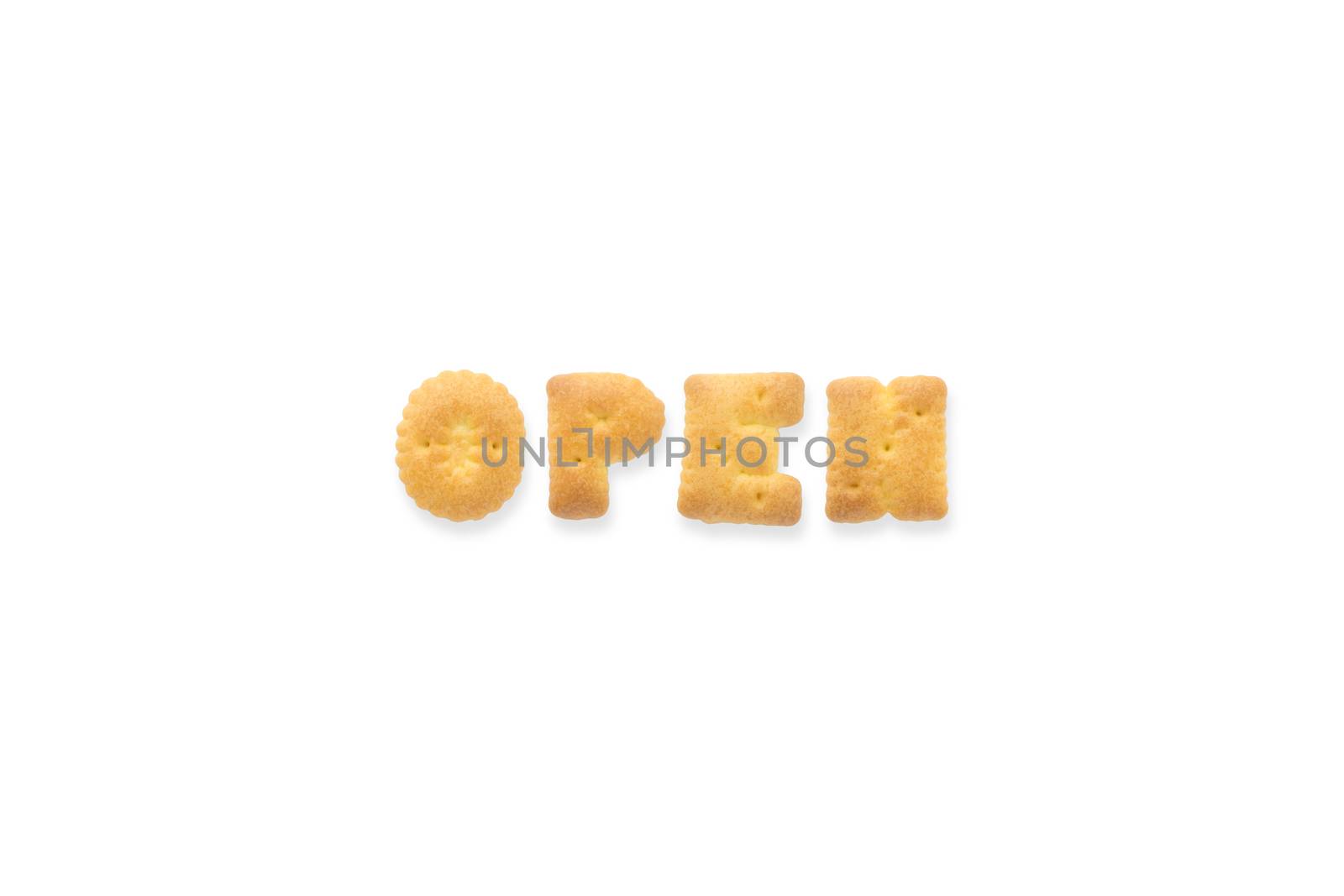 Collage of the uppercase letter-word OPEN. Alphabet cookie crackers isolated on white background