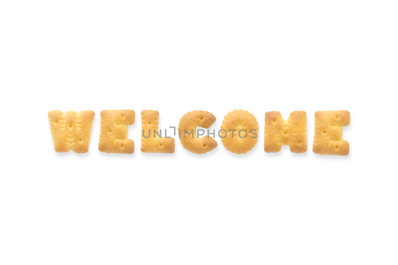 Collage of the uppercase letter-word WELCOME. Alphabet cookie crackers isolated on white background