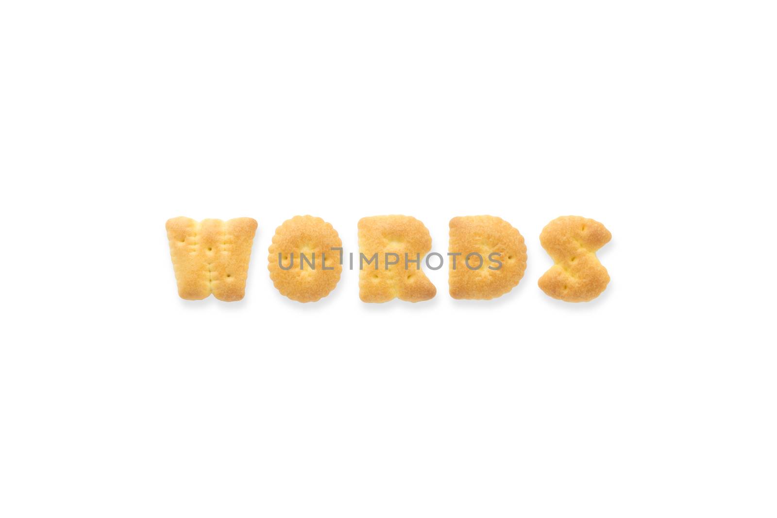 Collage of the capital letters word WORDS. Alphabet cookie biscuits isolated on white background