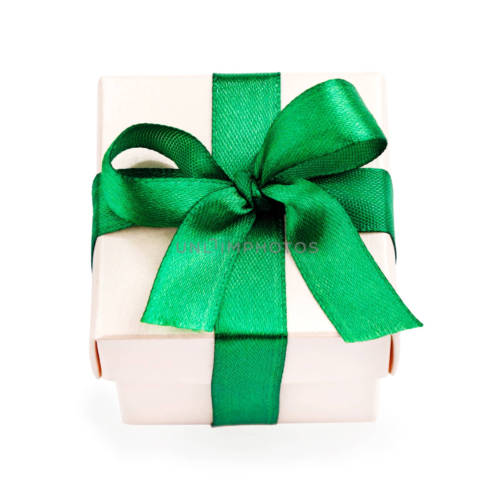 white gift box with green ribbon and bow isolated on white top view