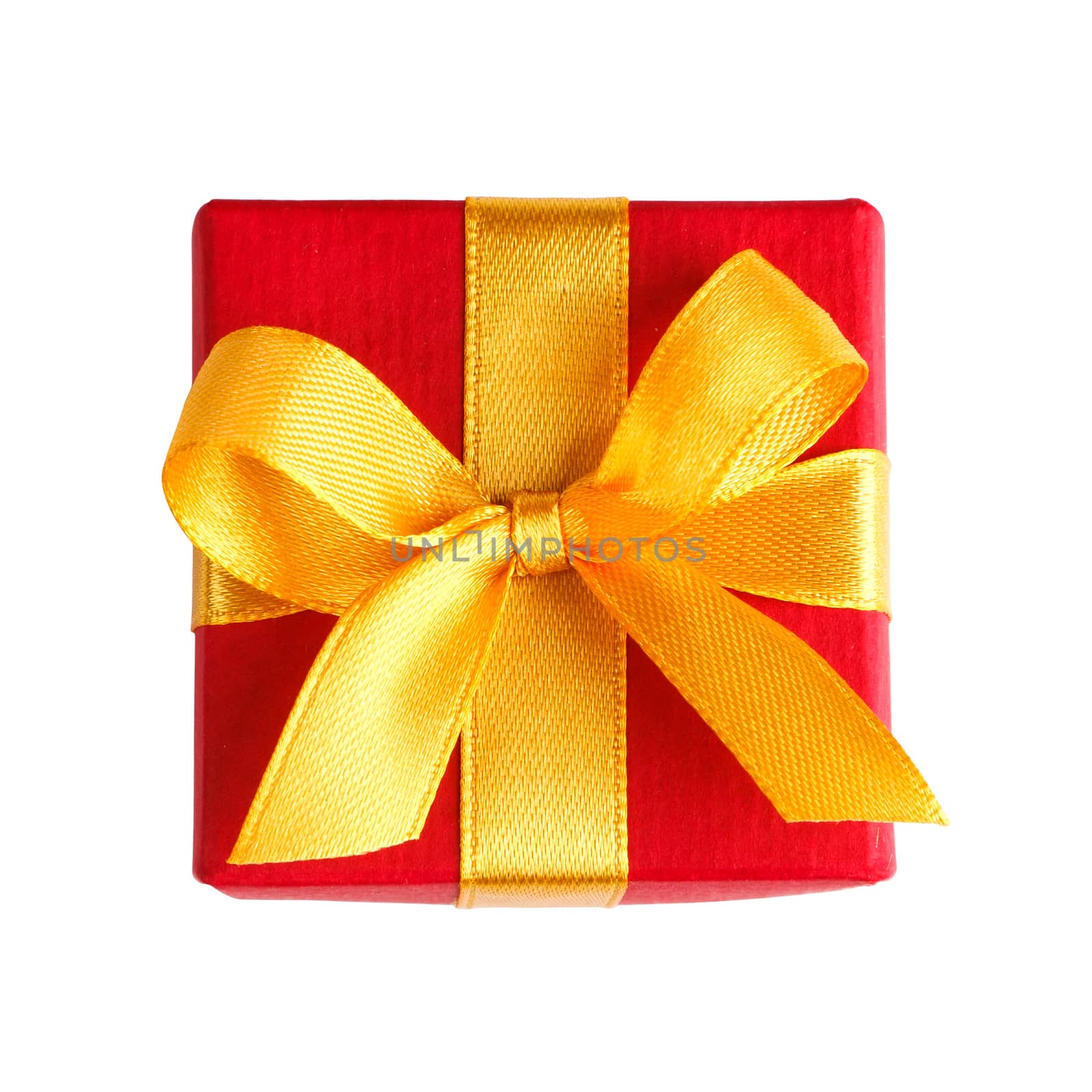 red gift box with golden ribbon and bow isolated on white with clipping path top view