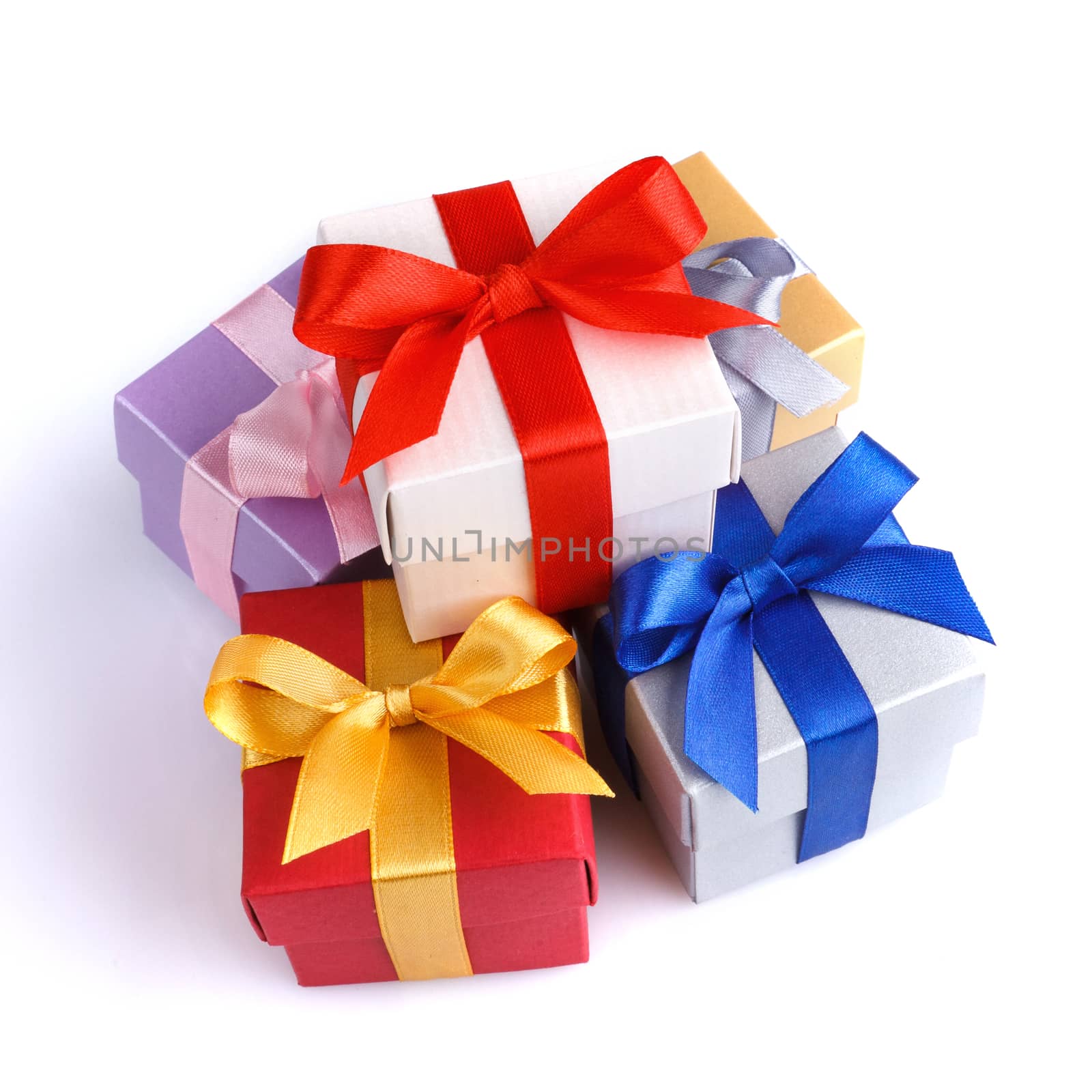 Colourful gift boxes on a white background top view