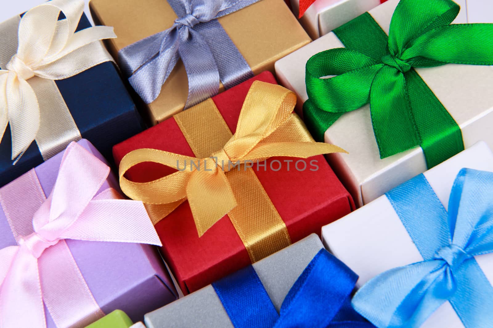 colorful gift boxes with bows top view