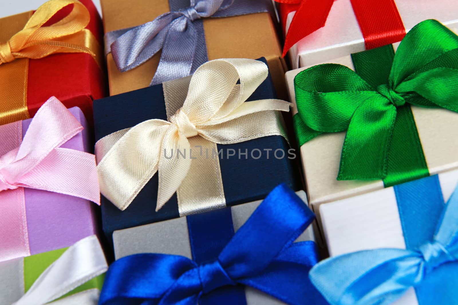 colorful gift boxes with bows top view