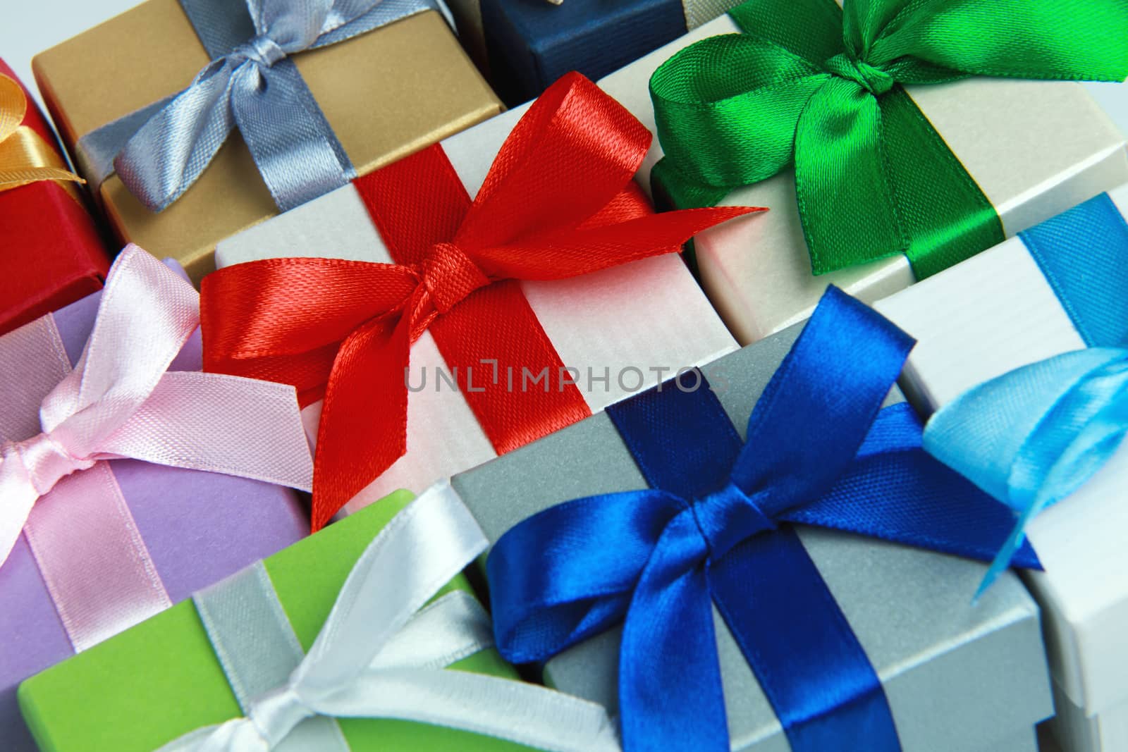 colorful gift boxes with bows top view