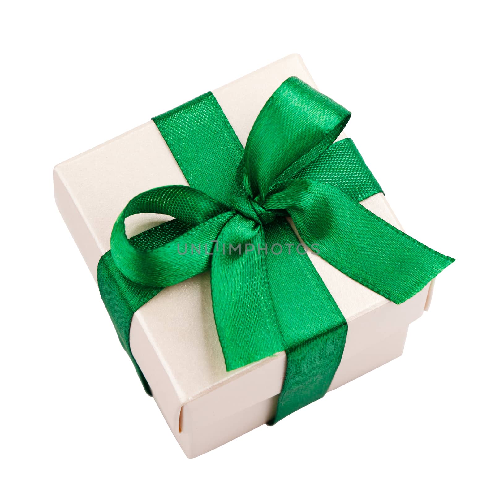 white gift box with green ribbon and bow isolated on white, top view, clippin path