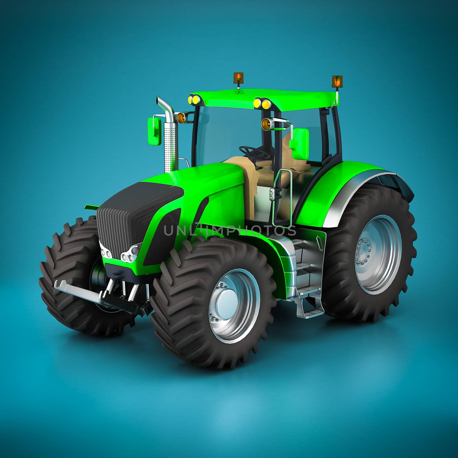 green tractor and white laptop on a blue background
