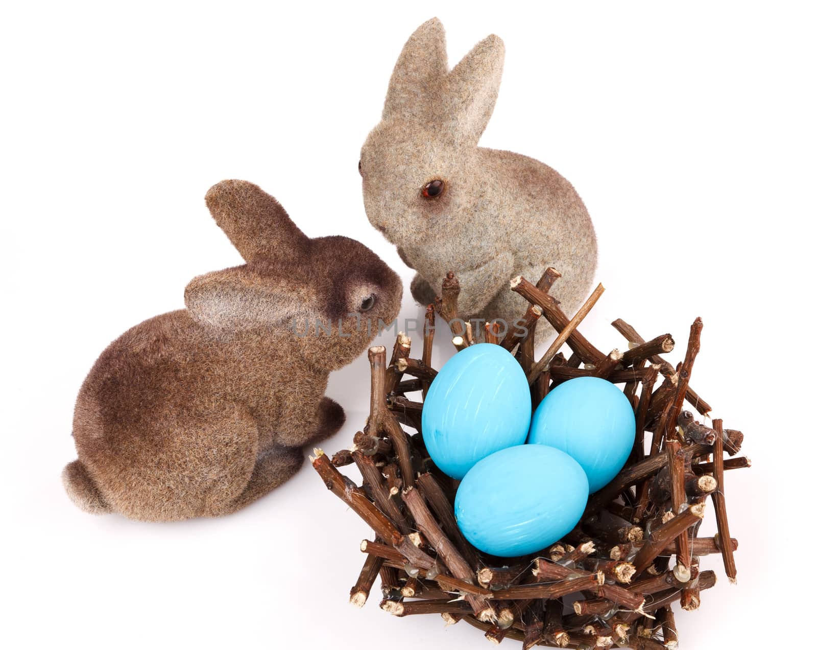 Bunnies with Easter eggs isolated on white background