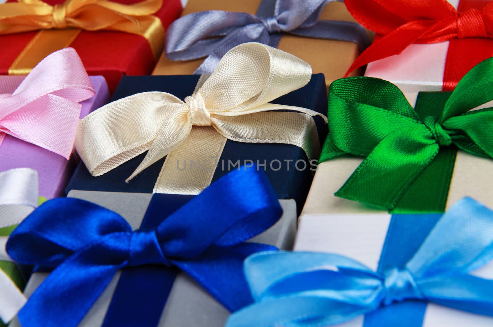colorful gift boxes with bows top view