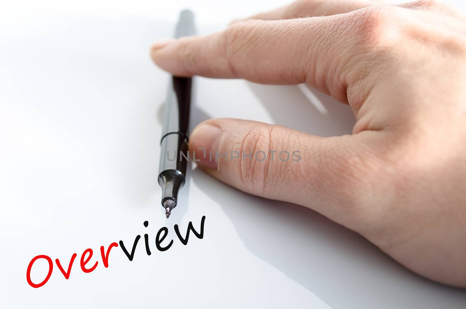 Human hand writing Overview isolated over white background - business concept