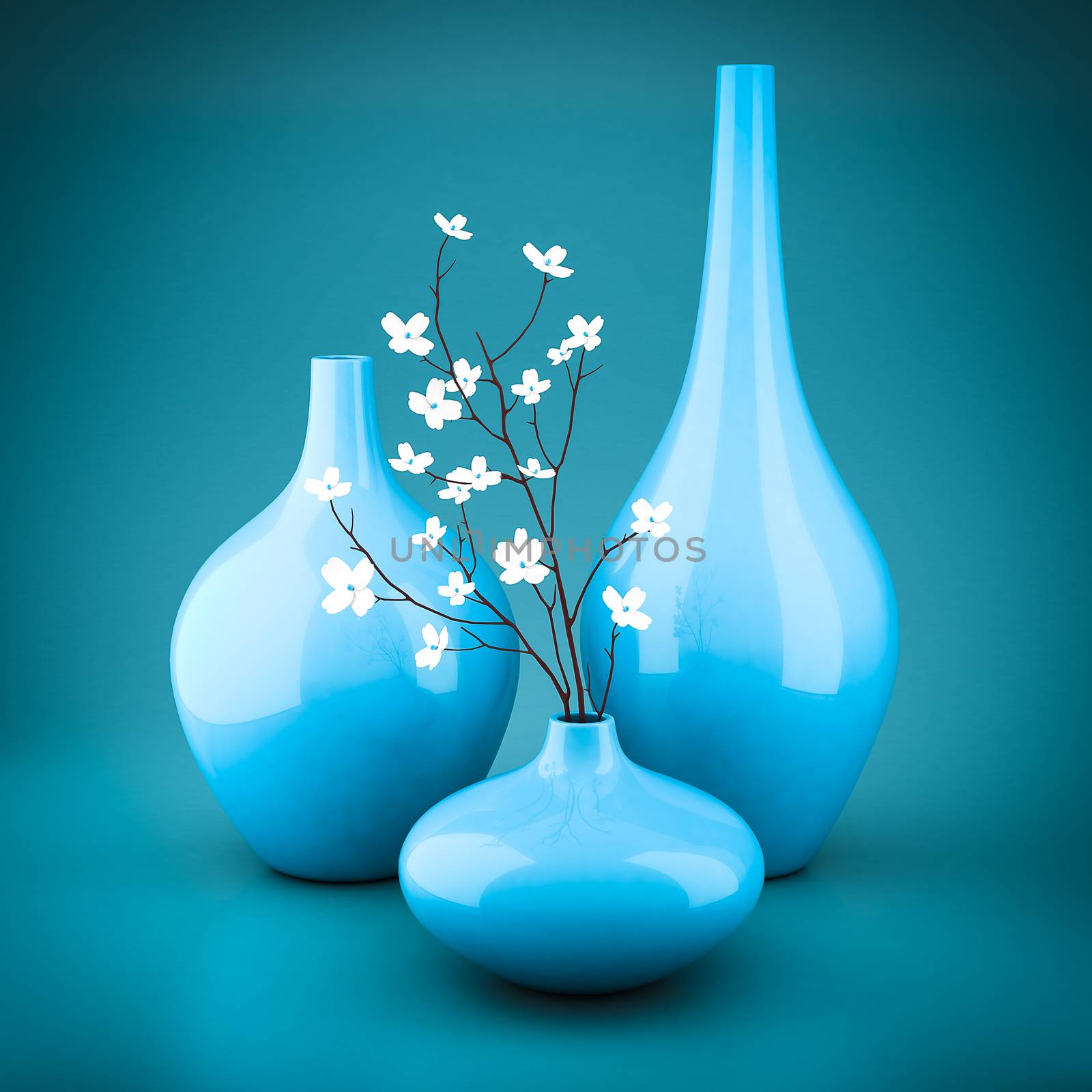 set of porcelain vases on a blue background