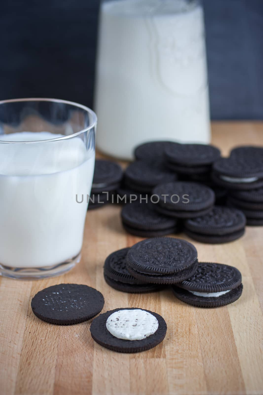 Chocolate sandwich cookies with vanilla creme filling and milk.