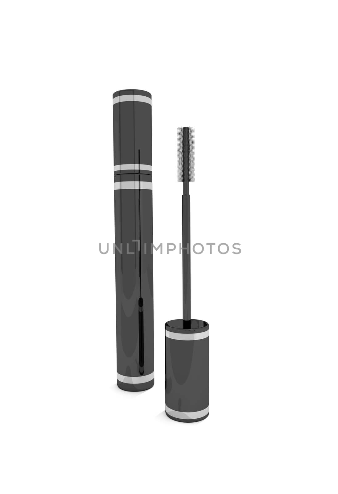 Illustration depicting a black mascara and applicator arranged over white.