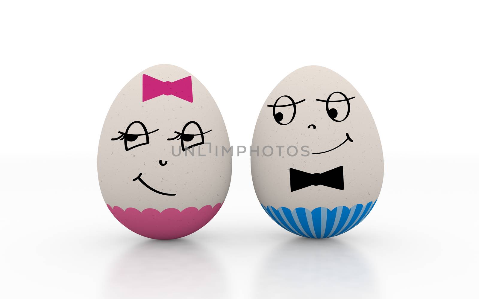 Two lovers easter eggs male and female isolated on white background. Boy looks at a confused shy girl