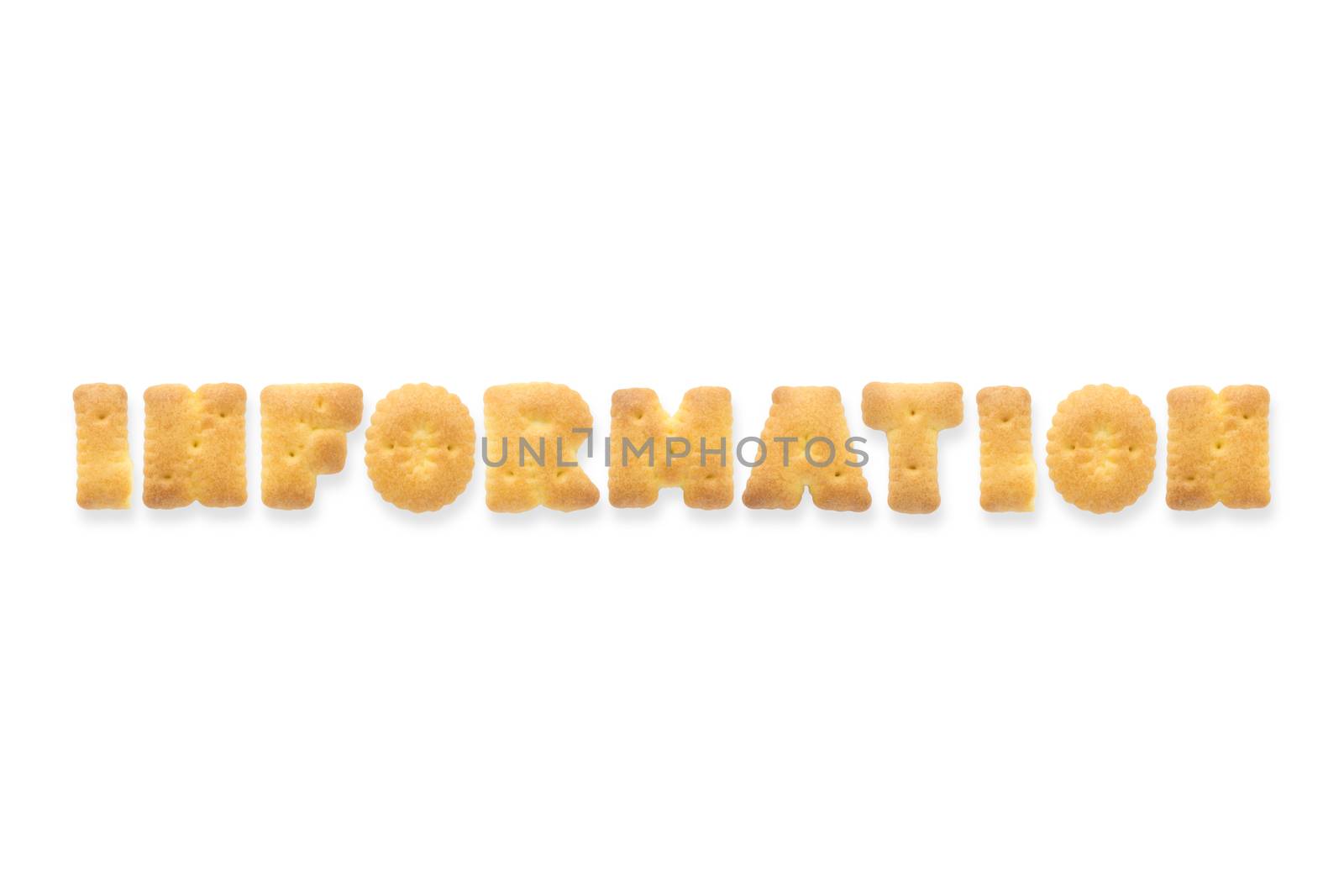 Collage of the character word INFORMATION. Alphabet cookie cracker isolated on white background