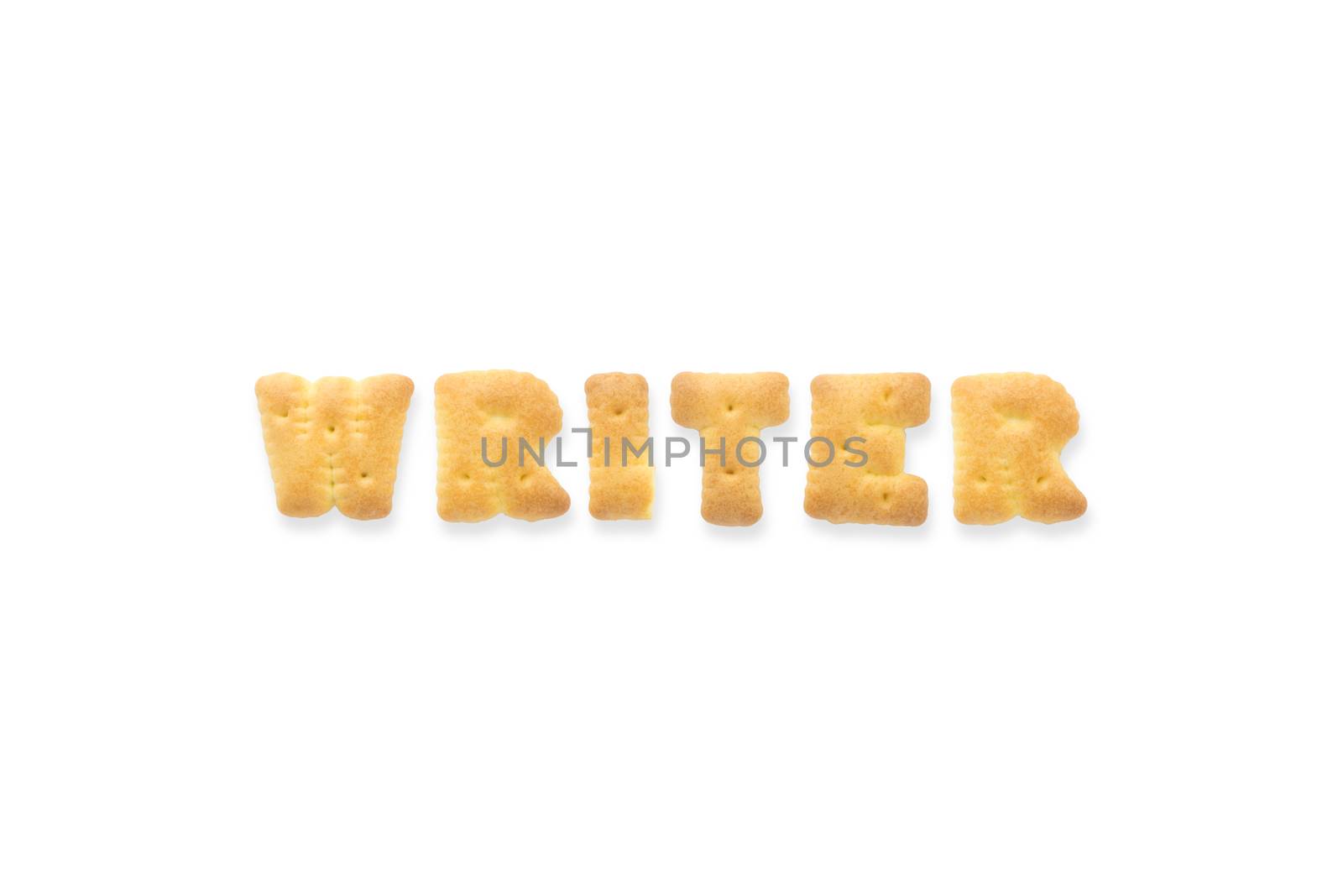 Collage of text word WRITER. Alphabet biscuit cracker isolated on white background