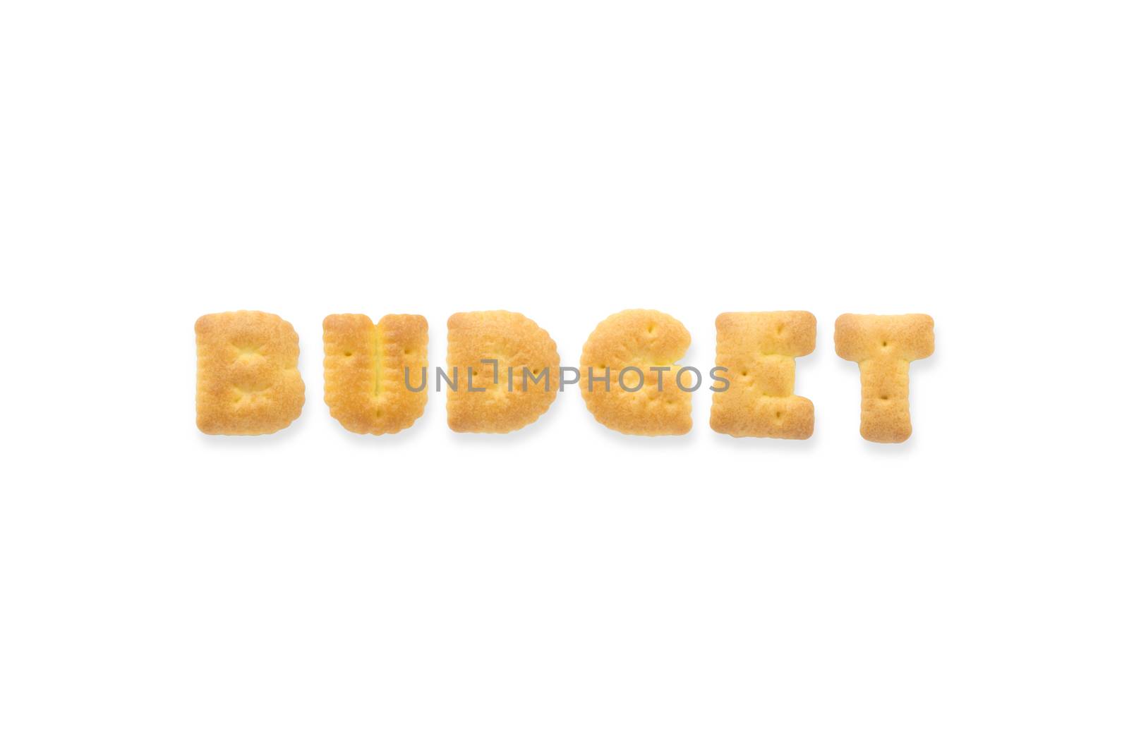 Collage of the character word BUDGET. Alphabet cookie cracker isolated on white background
