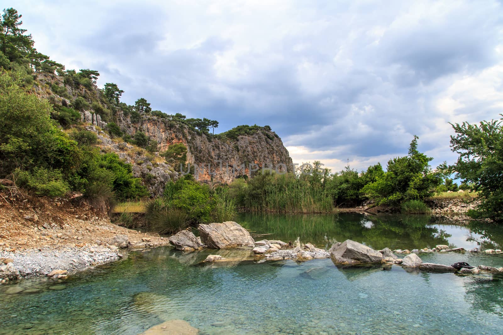 Natural thermal lake with sulphur near mudbath pools in Dalyan.