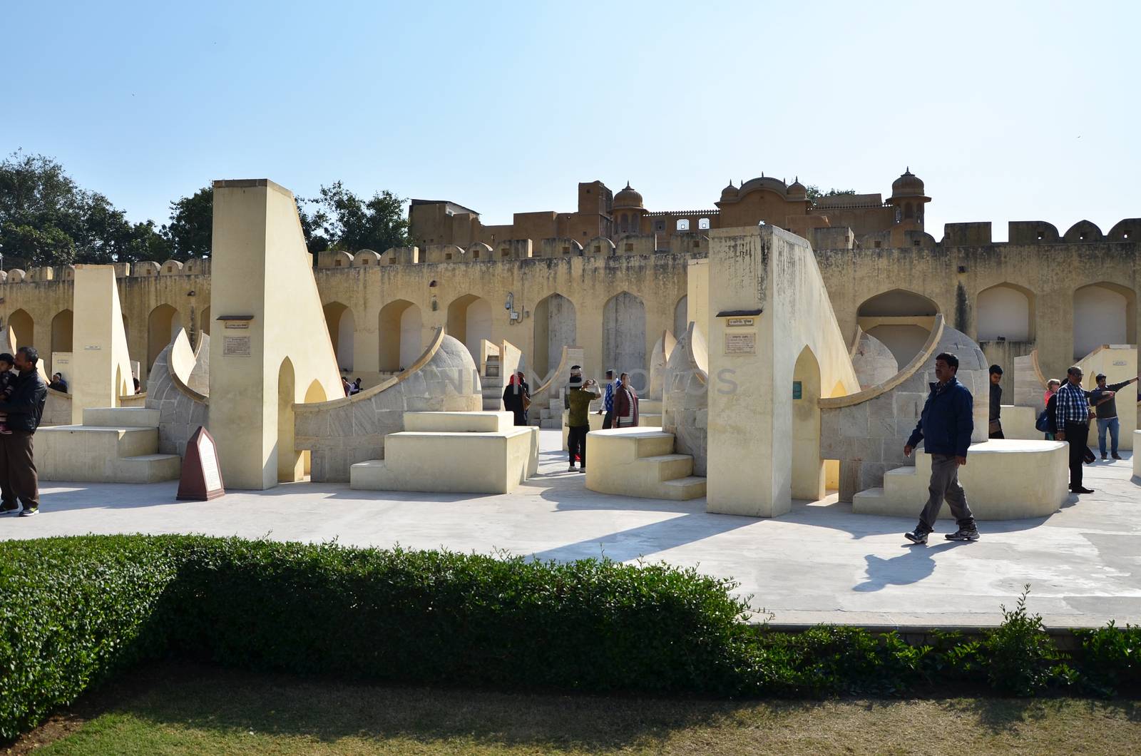 Jaipur, India - December 29, 2014: people visit Jantar Mantar observatory on December 29, 2014 in Jaipur, India. The collection of architectural astronomical instruments, were built by Sawai Jai Singh II in 1727-1734.