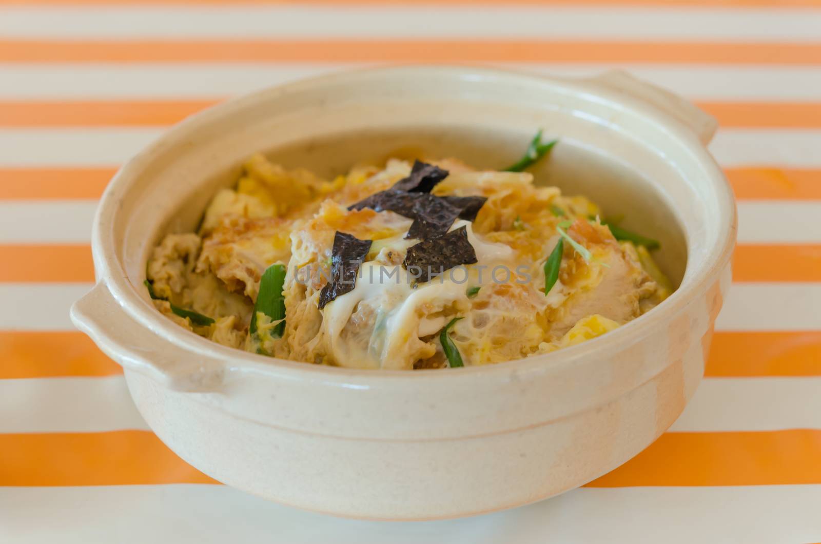 pork cutlet , vegetable and egg on rice , japanese Katsudon