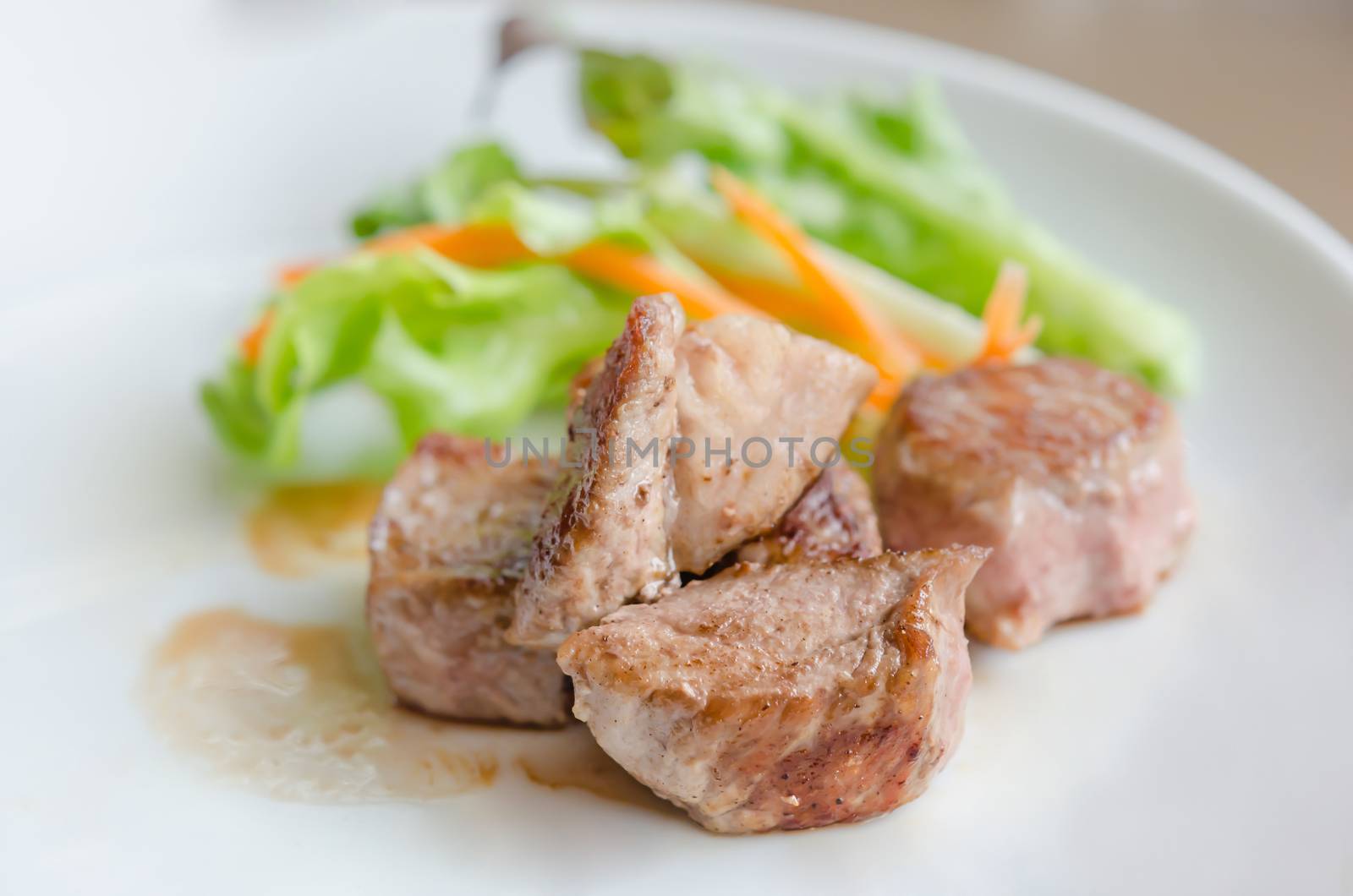 grilled pork meat with fresh salad on a plate
