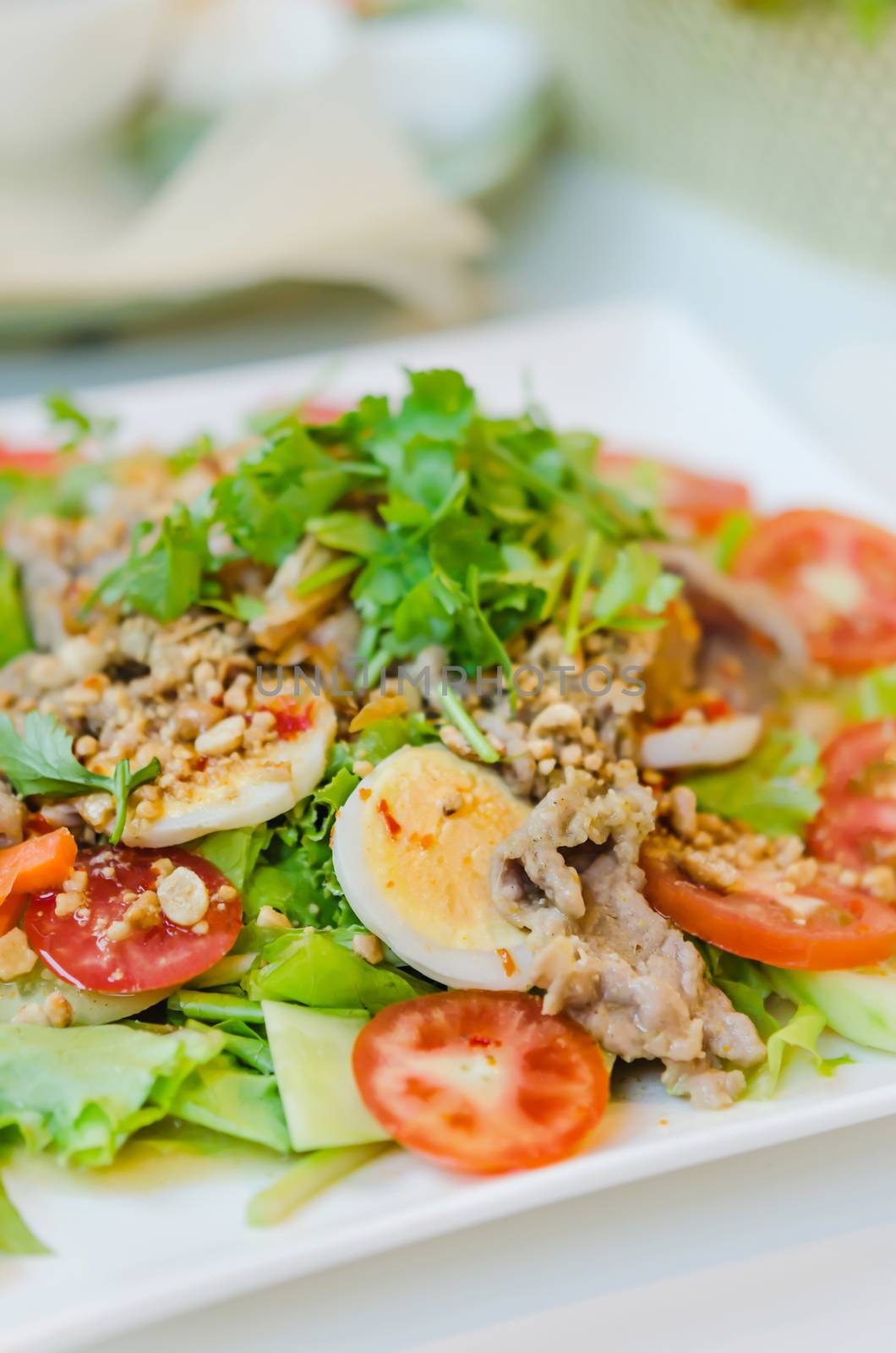 spicy salad with egg , pork and fresh vegetable