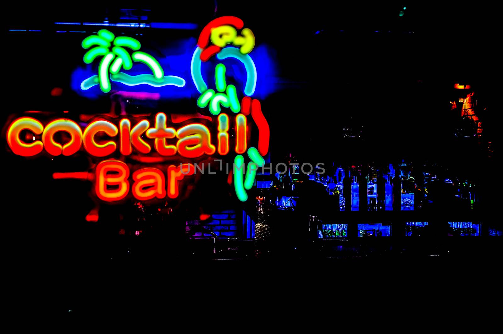 Cocktail Bar Neon Sign, Bar in the Background