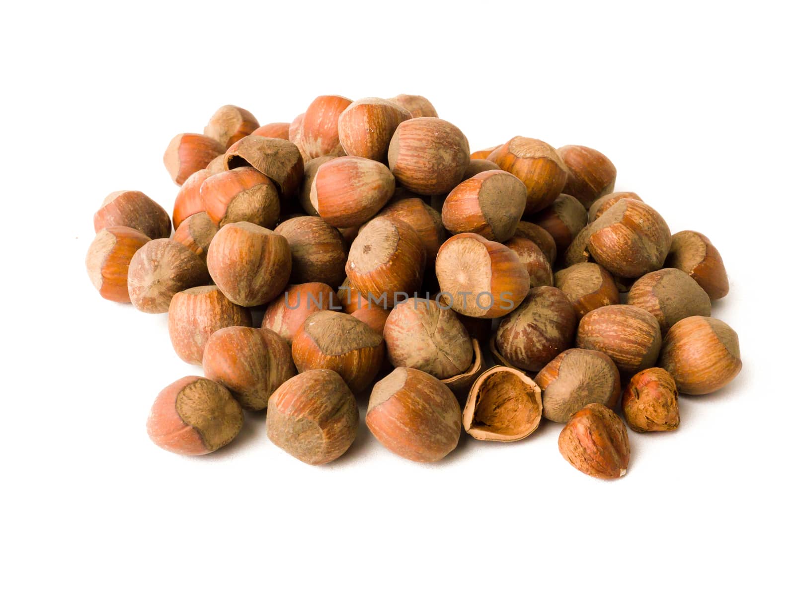 Pile of hazelnuts isolated on white.