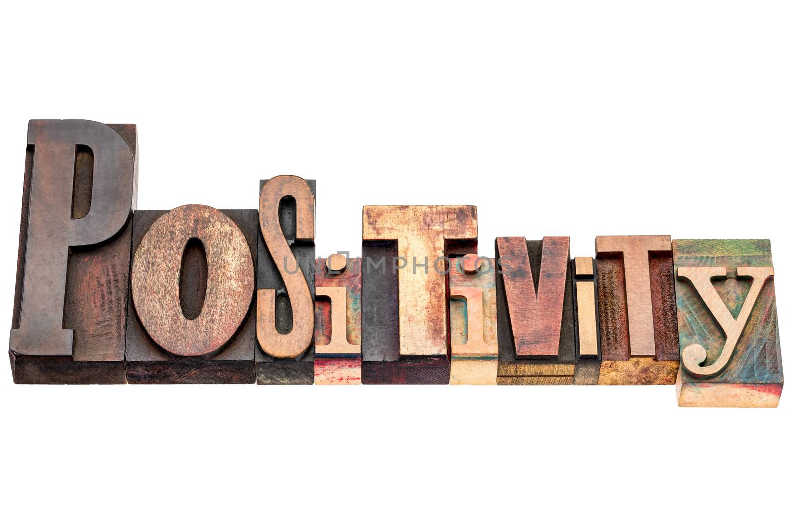 positivity word typography - isolated text in mixed vintage letterpress wood type printing blocks