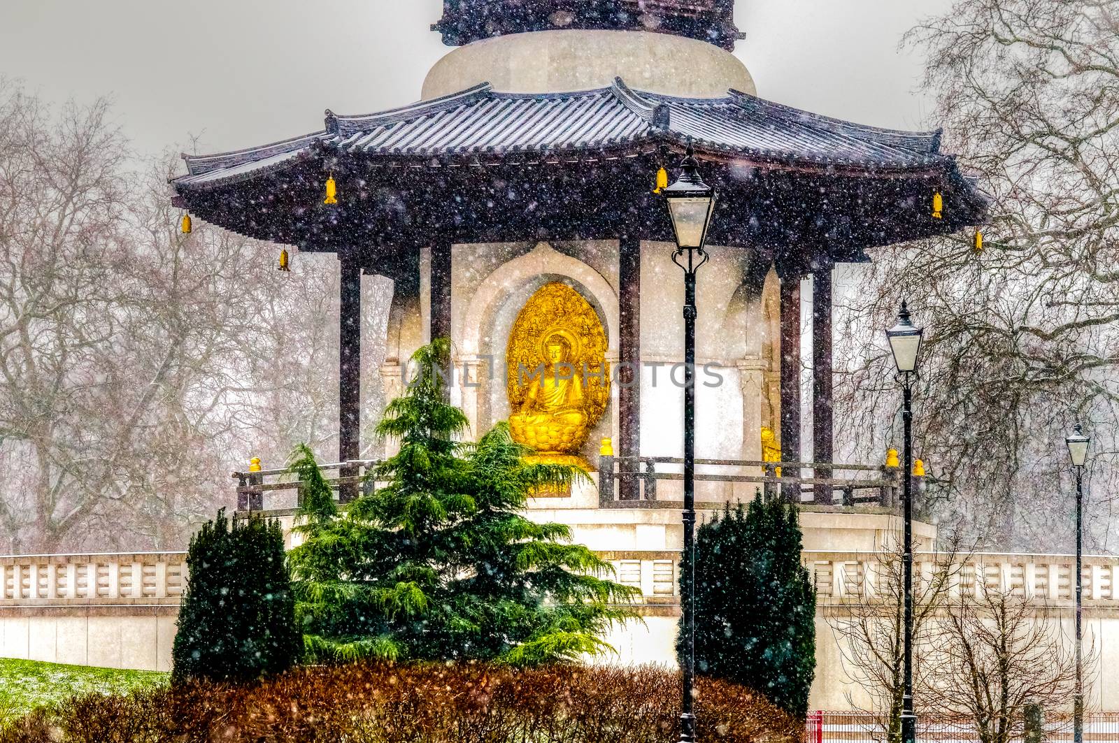 Peace Pagoda at Battersea Park on a Snowy Day, London UK