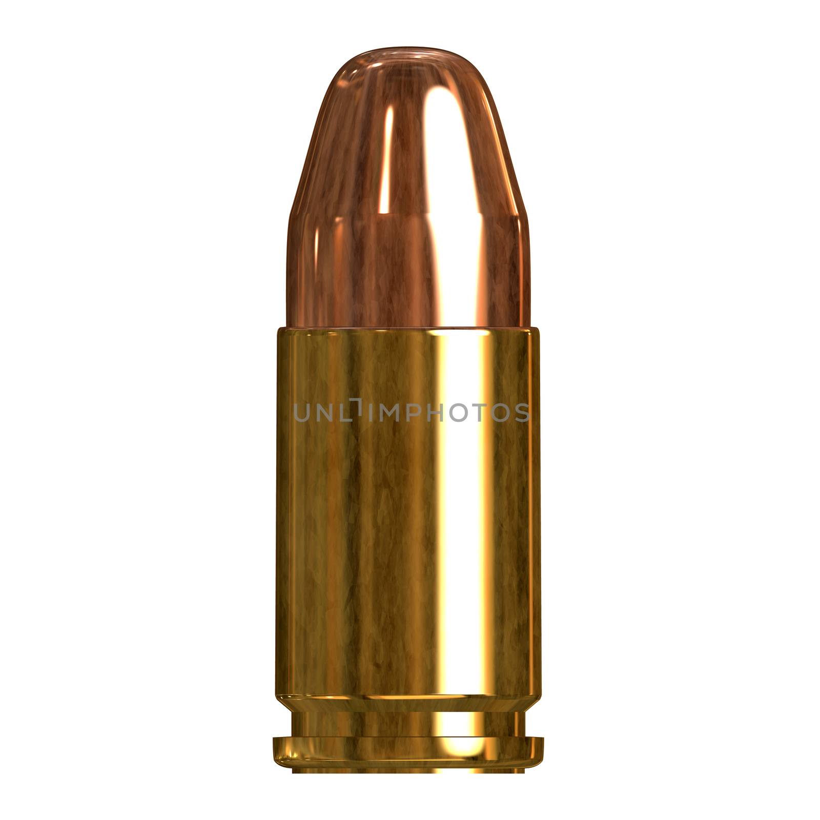 3D illustration of a single bullet isolated over a white background.