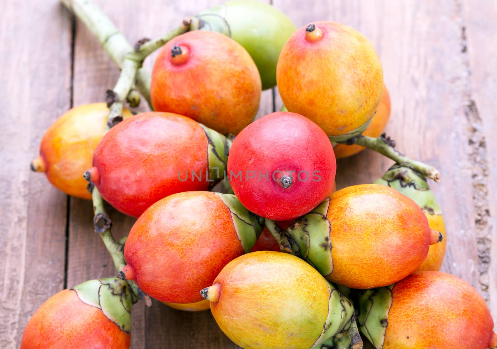 Beautiful Royal Palm seed fruit on wooden plate