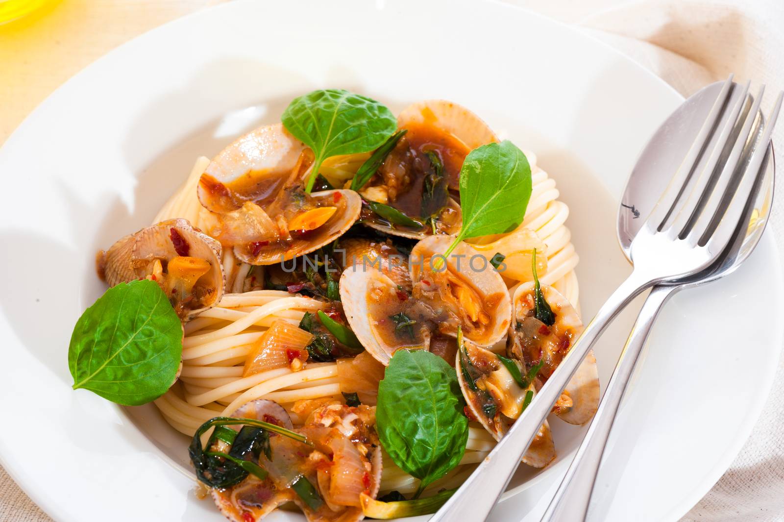 Shellfish and pastaA white plate with delicious spaghetti shellfish and green basil.