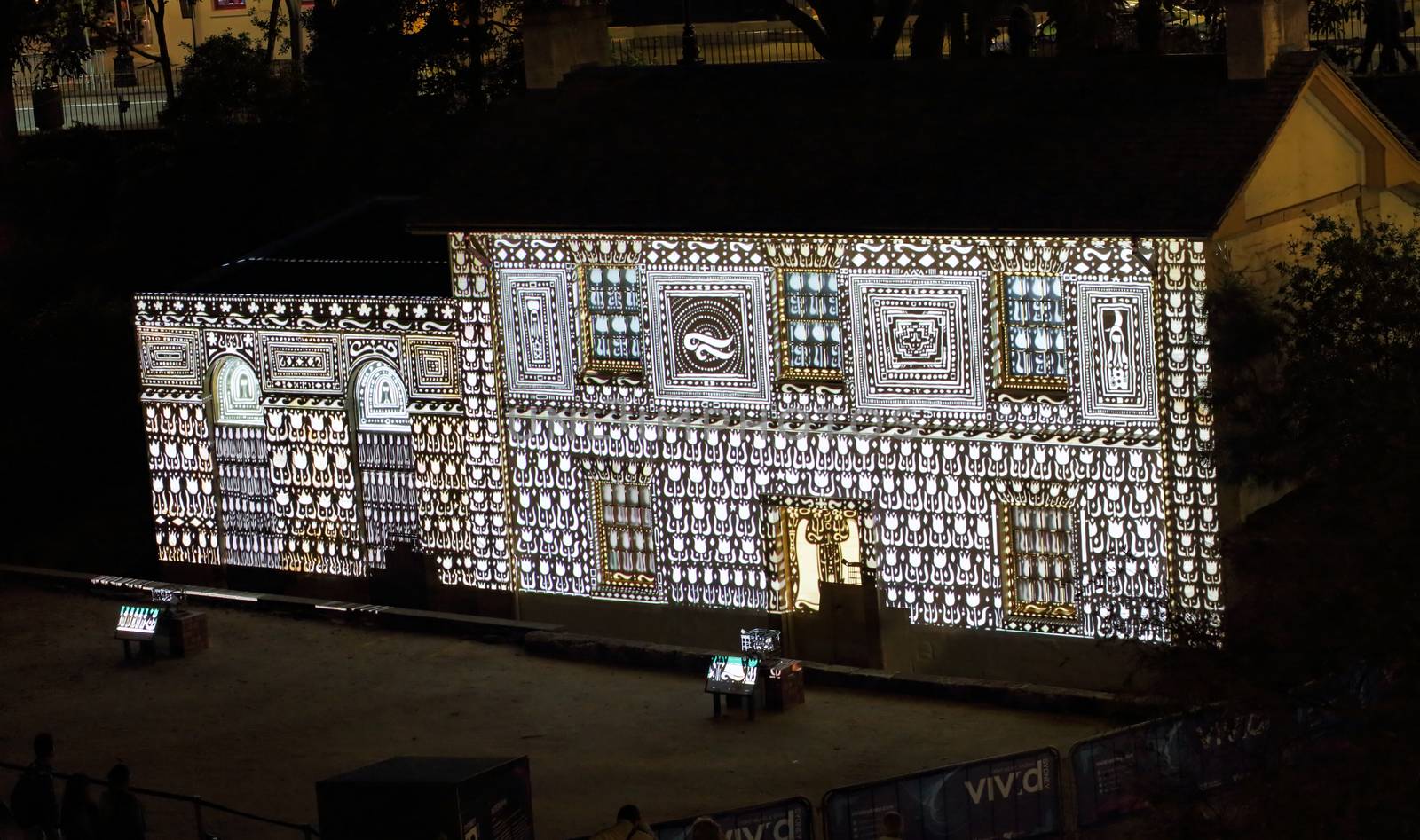 SYDNEY, AUSTRALIA - MAY 26, 2015;  Cadmans Cottage in lights for Vivid Sydney annual winter festival.