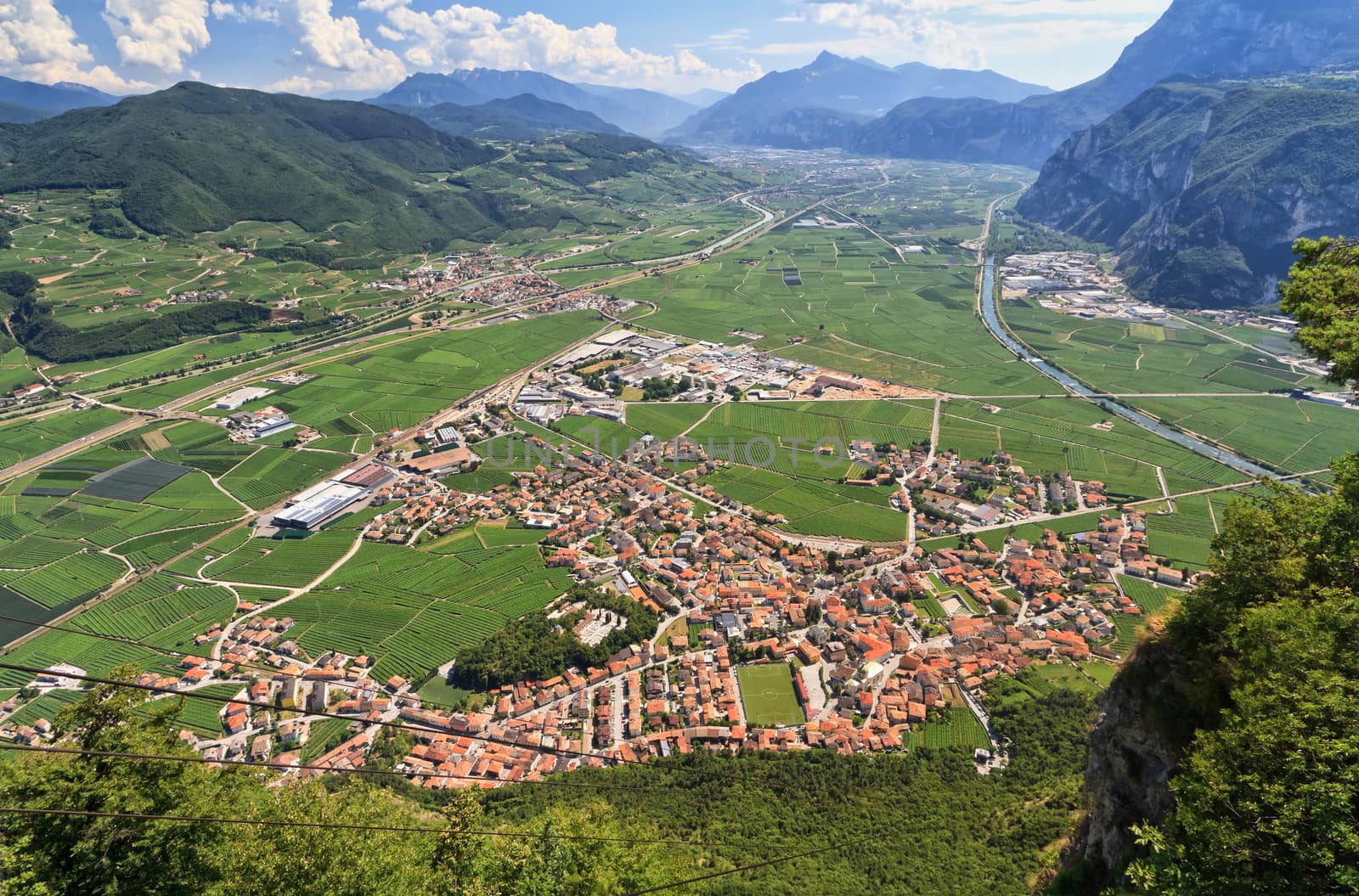 Overview of Adige Valley with Mezzacorona village, Trentino, Italy