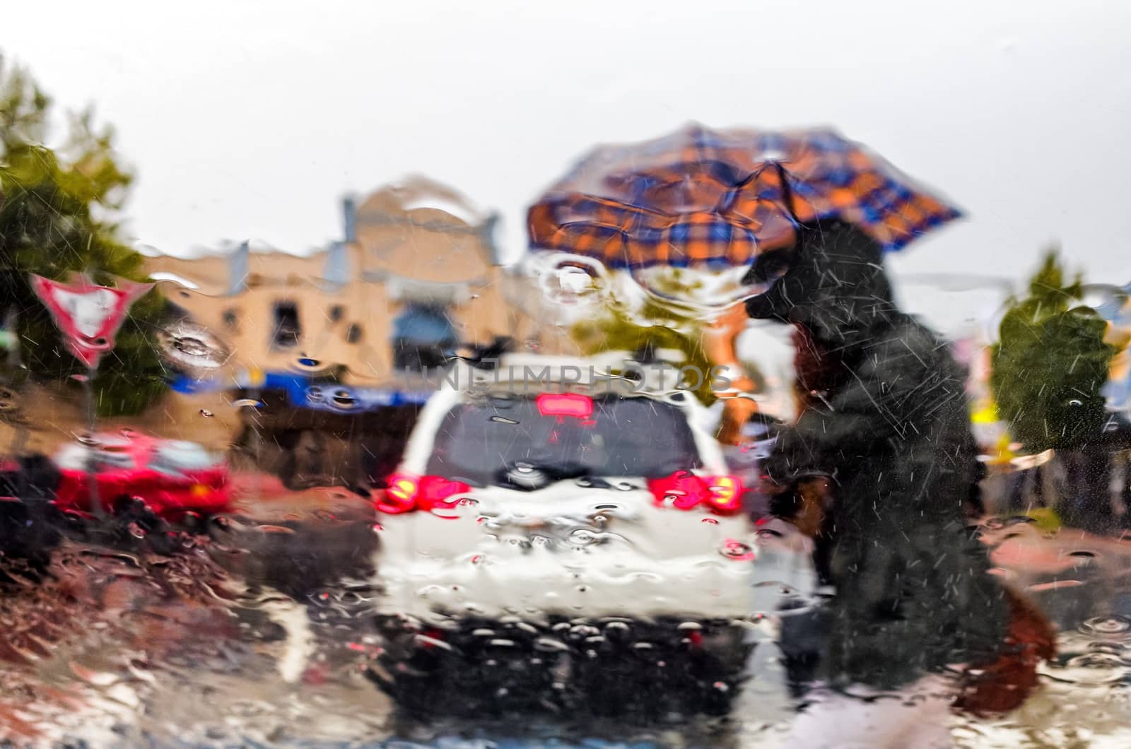 A woman holding an umbrella is crossing a street in a heavy rain storm in Katoomba, Blue Mountains, Australia.