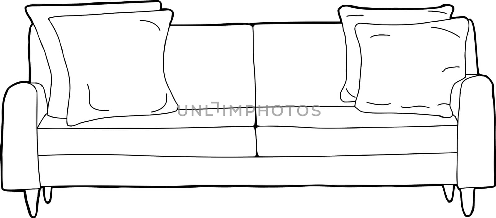 Cartoon outline of single love seat sofa with corner cushions