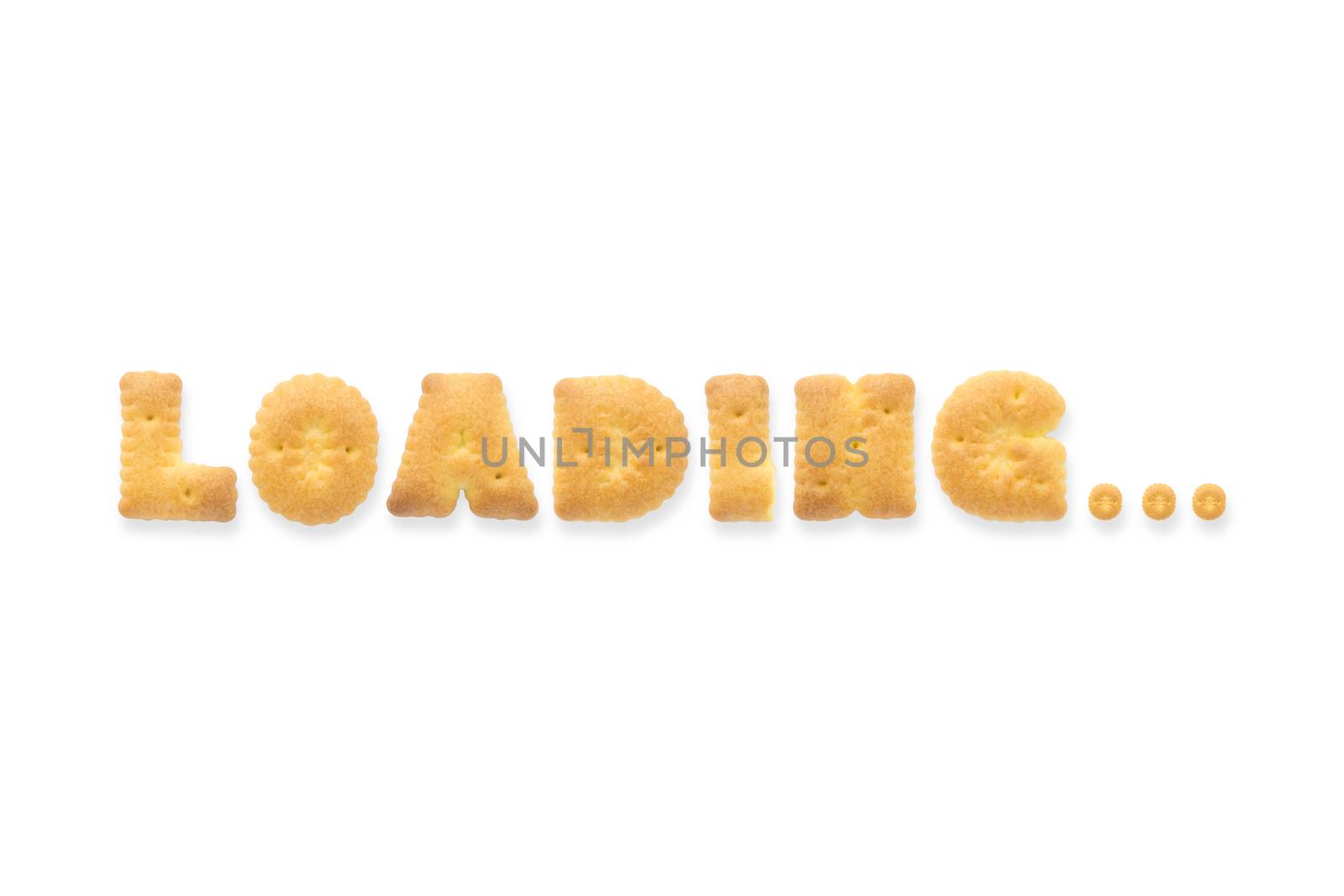 Collage of the uppercase letter-word LOADING. Alphabet cookie crackers isolated on white background