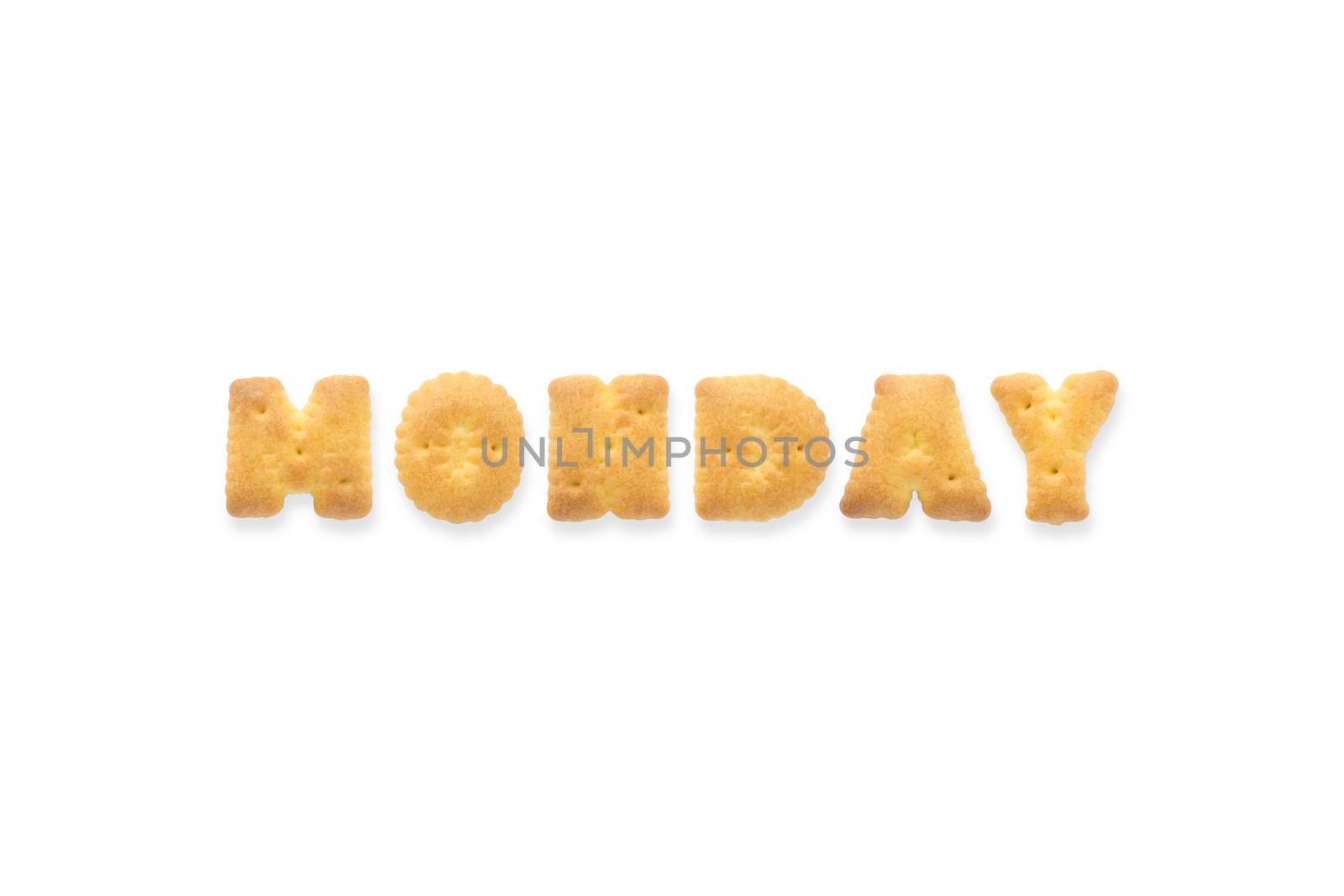 Collage of the capital  letter word MONDAY. Alphabet cookie biscuits isolated on white background