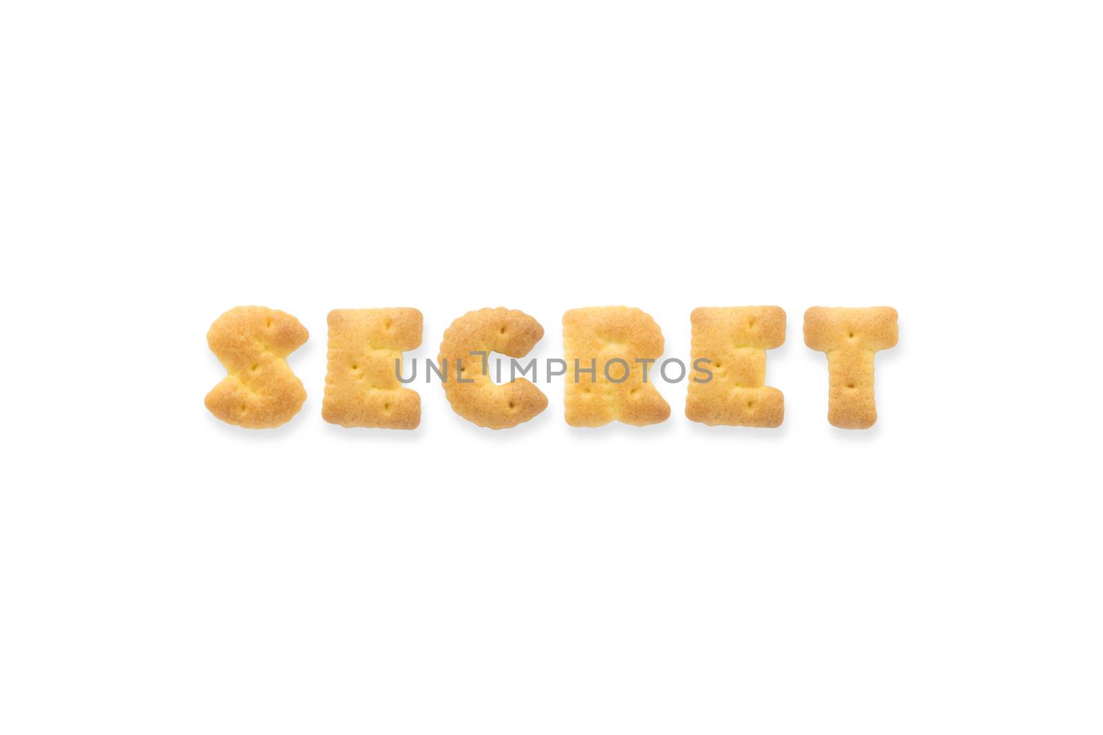 Collage of the uppercase letter-word SECRET. Alphabet cookie crackers isolated on white background