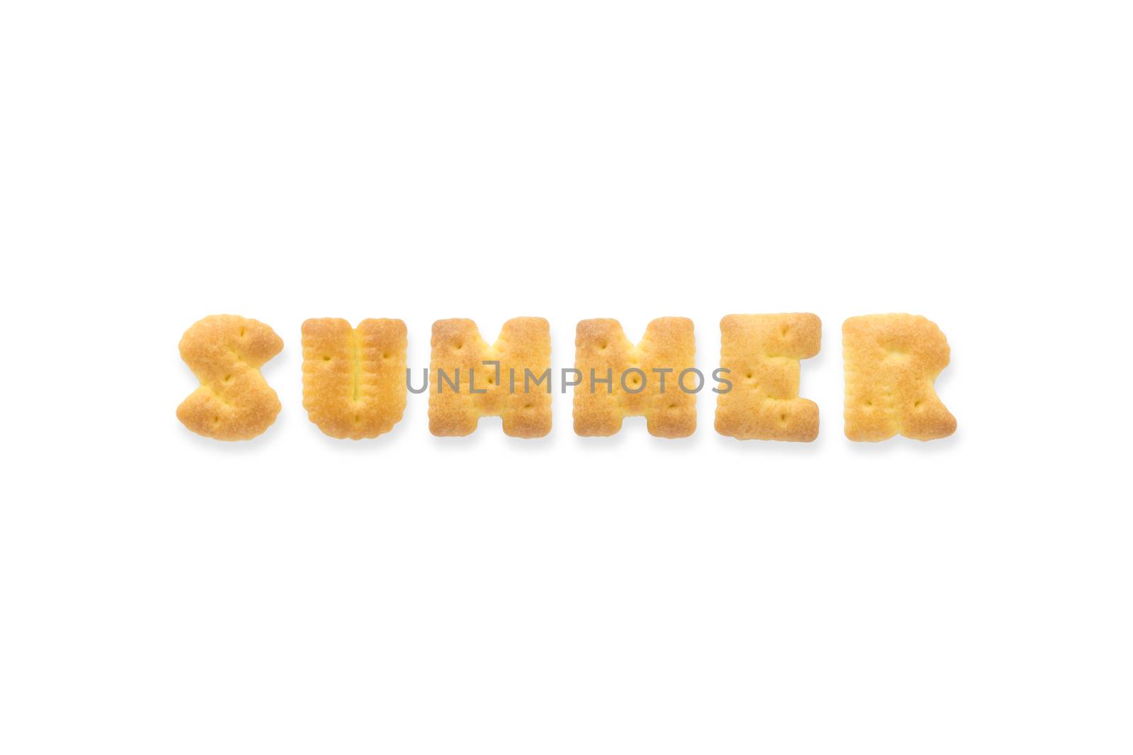 Collage of the uppercase letter-word SUMMER. Alphabet cookie crackers isolated on white background