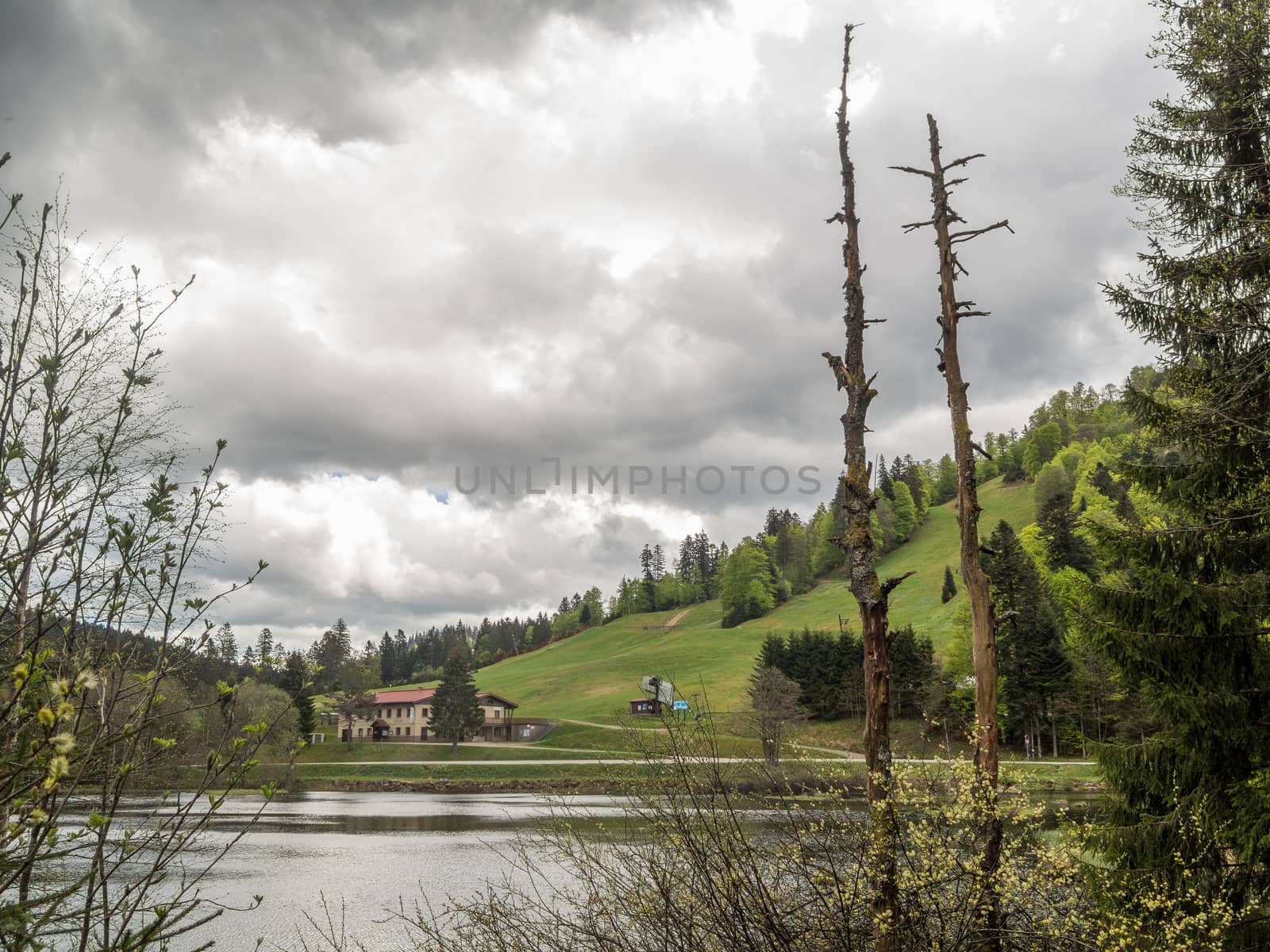 Looking over a small lake in the summer at a small sky area in La Bresse, France