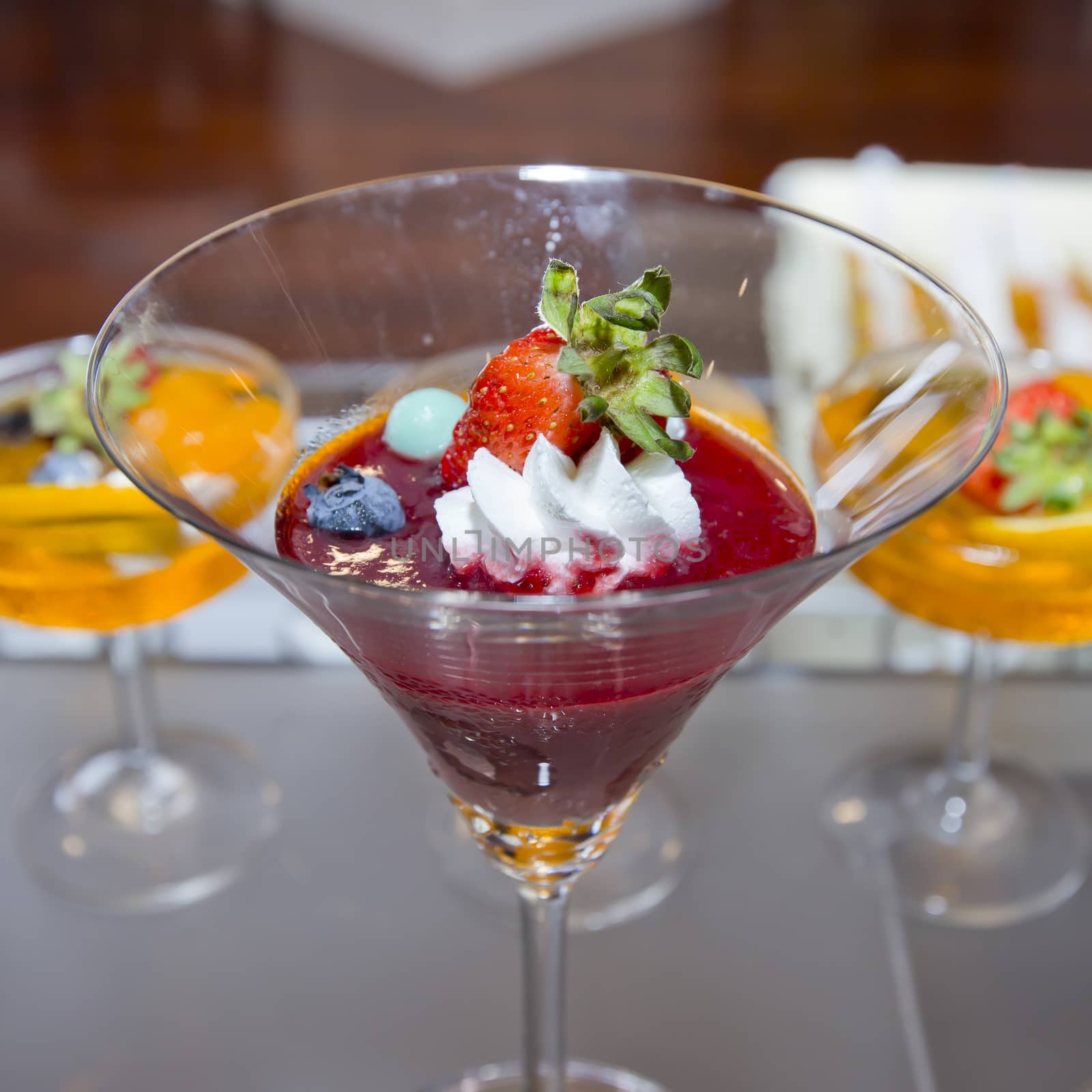 Glass of fresh fruit jelly of buffet.Finger food.