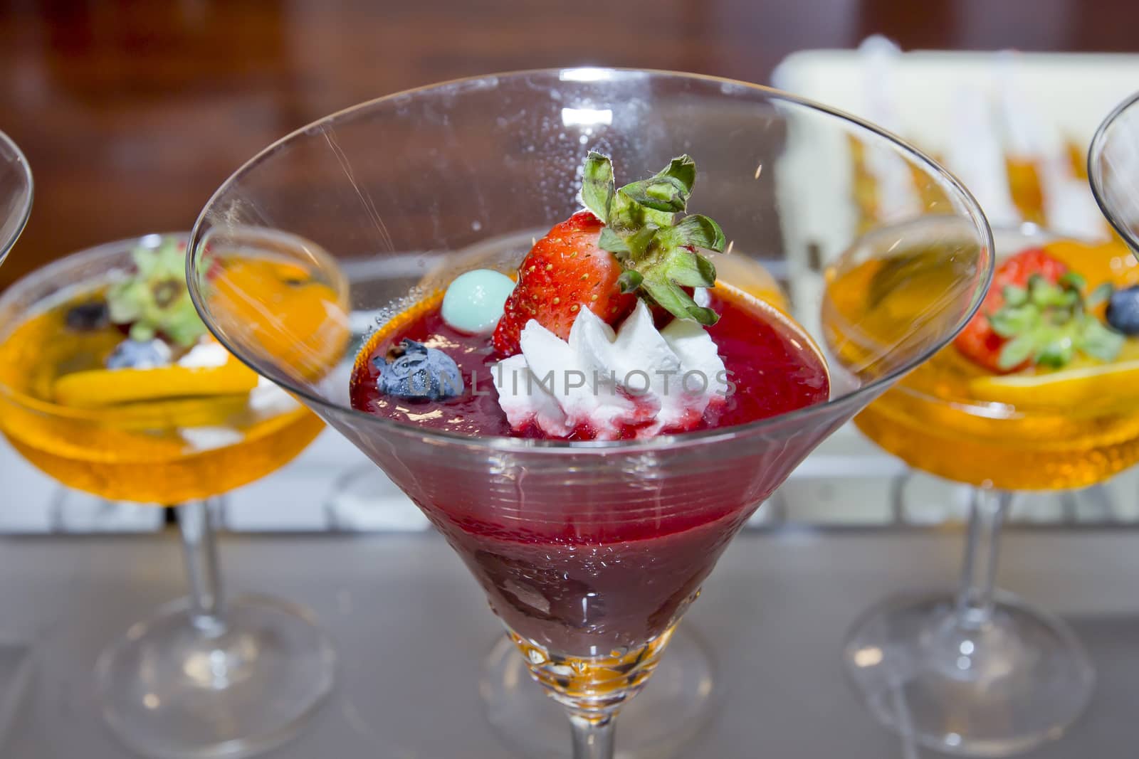 Glass of fresh fruit jelly of buffet.Finger food.