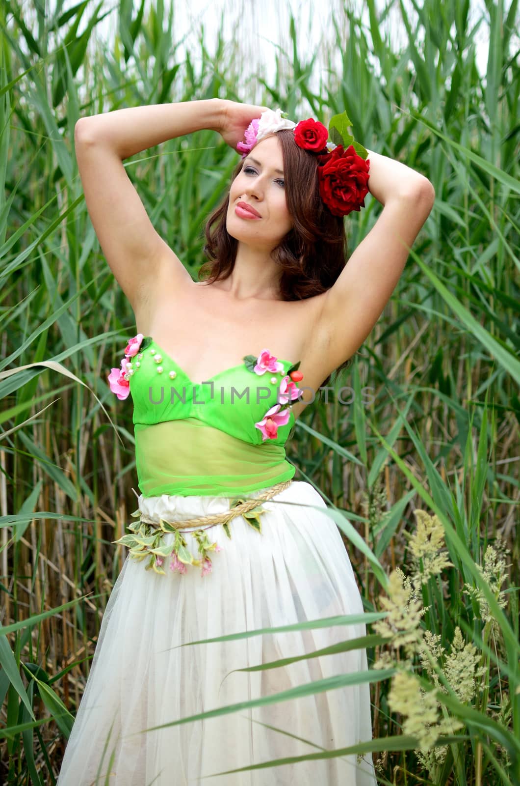 Female model from Poland posing near the lake, surrounded by reeds. Woman wearing flowers' wreath, colorful dress. Chestnut hair color.