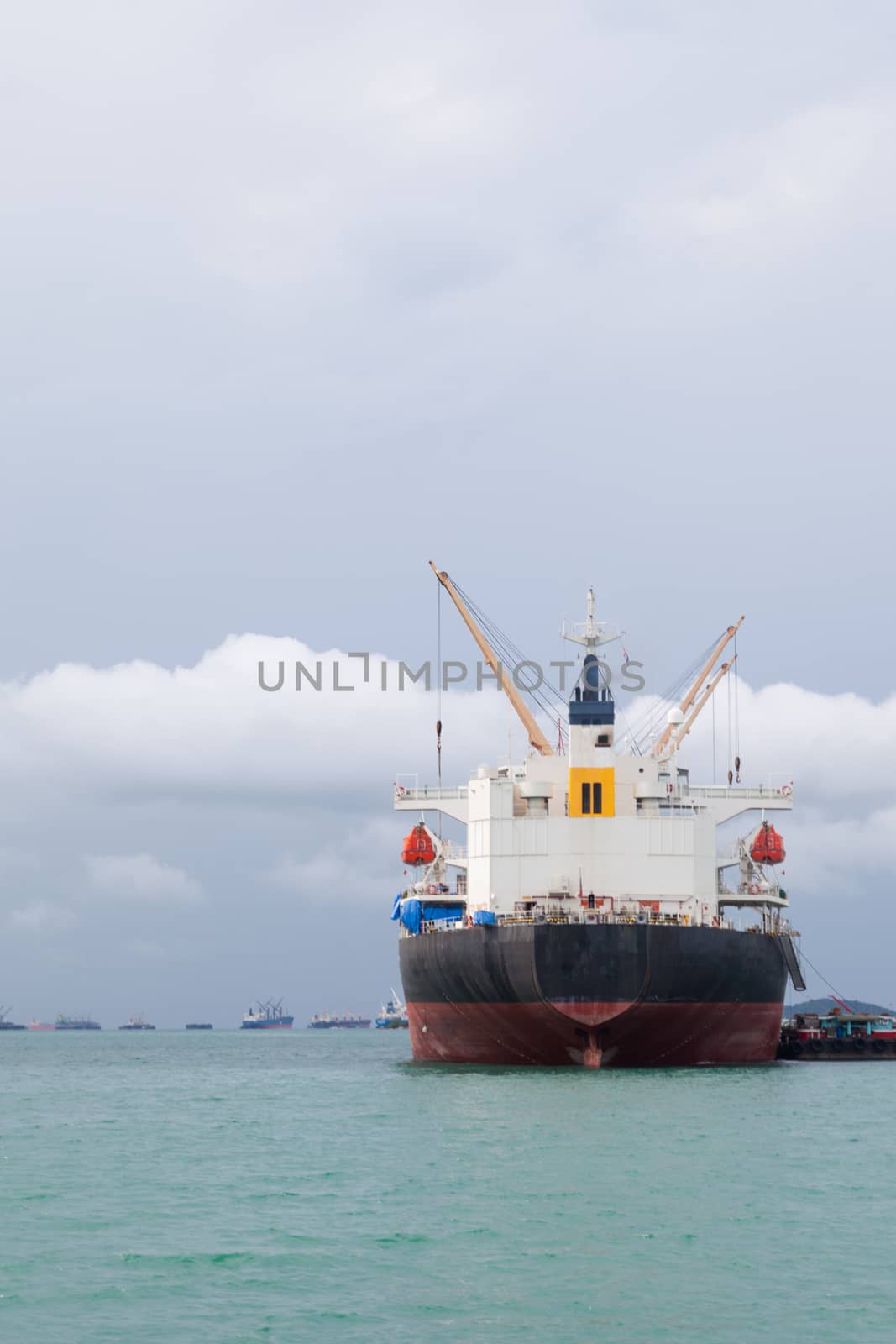 Cargo ship. Parking in the sea to await transportation to the port.